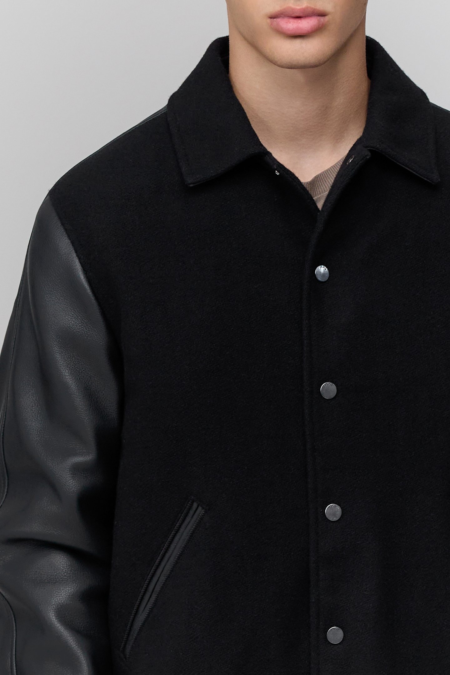 BLACK MIXED CHROME-FREE LEATHER VARSITY JACKET BLACK 6