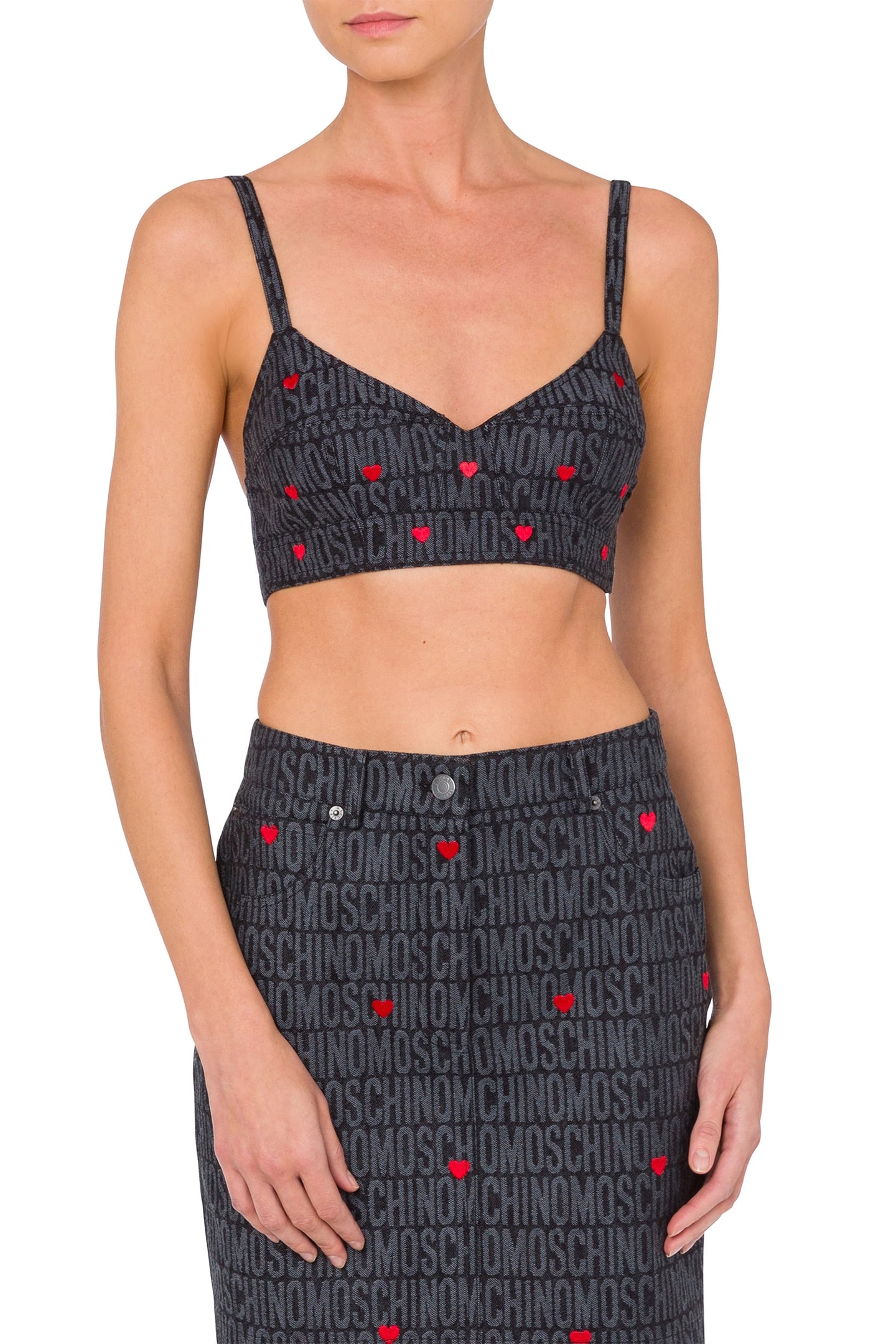 DENIM CROP TOP WITH ALLOVER LOGO HEARTS BLACK 1