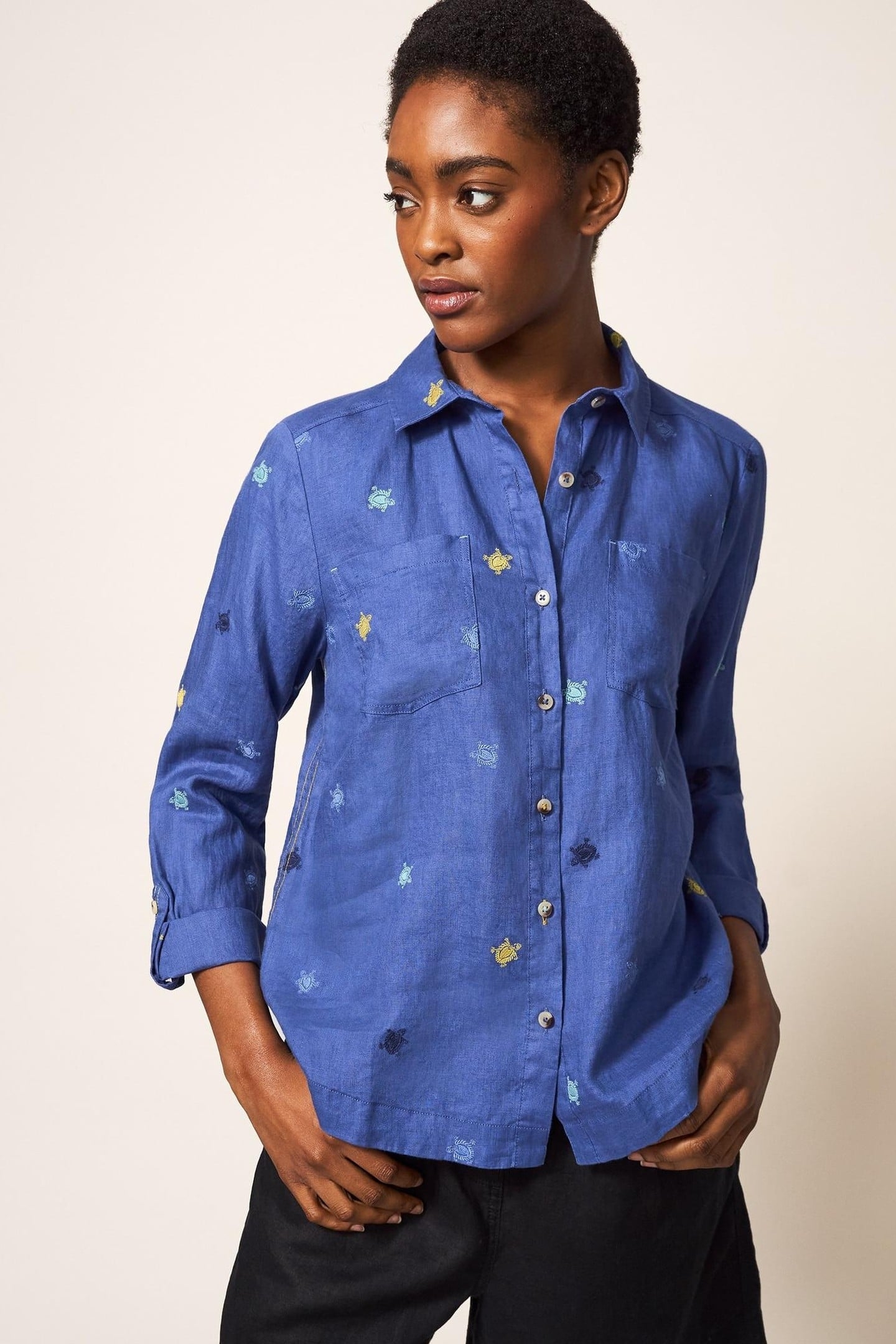 LAYLA EMB LINEN SHIRT BLUE MULTI 2