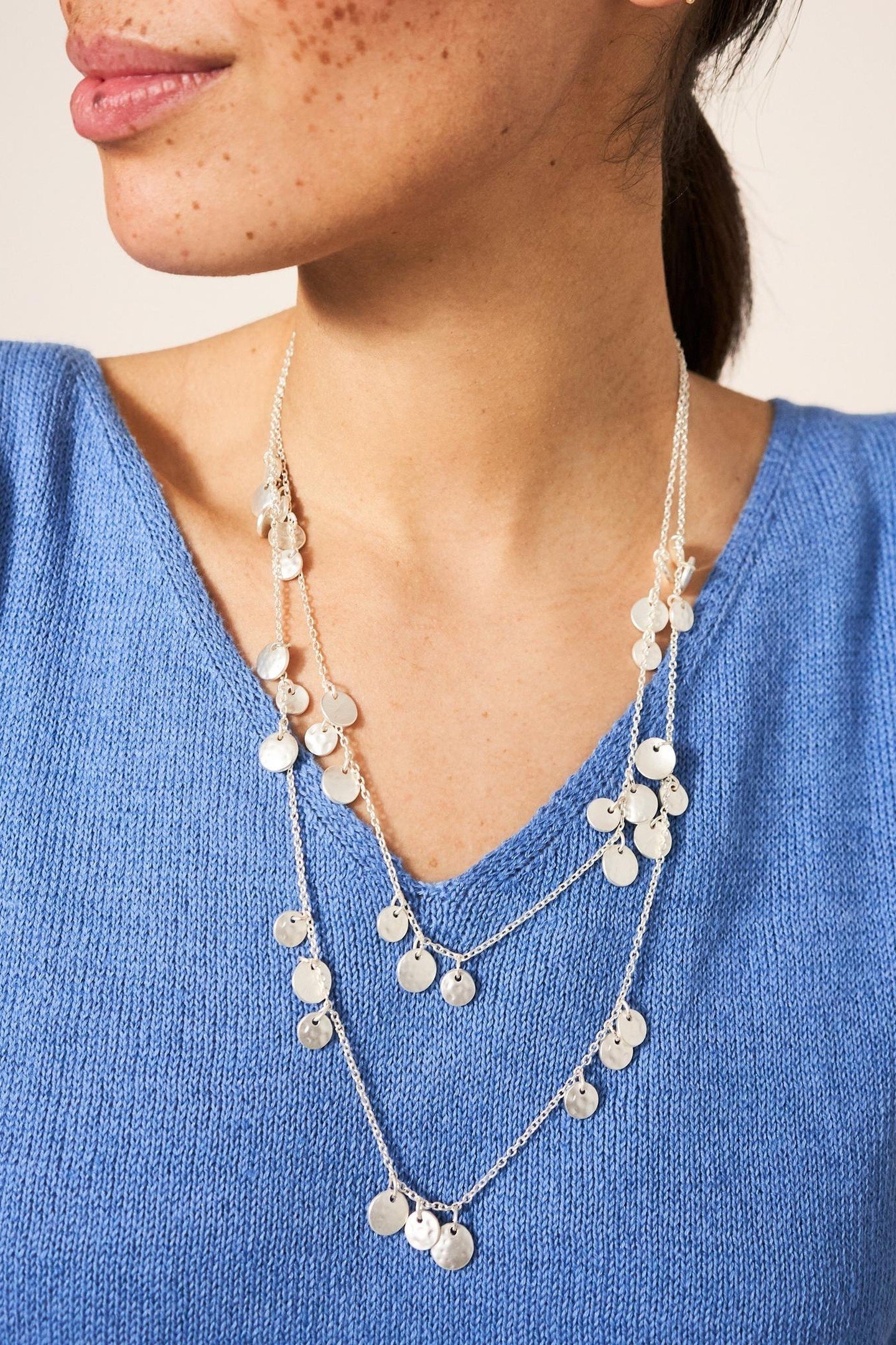 TWO ROW MINI DISC NECKLACE SILVER TONE METALLIC 3