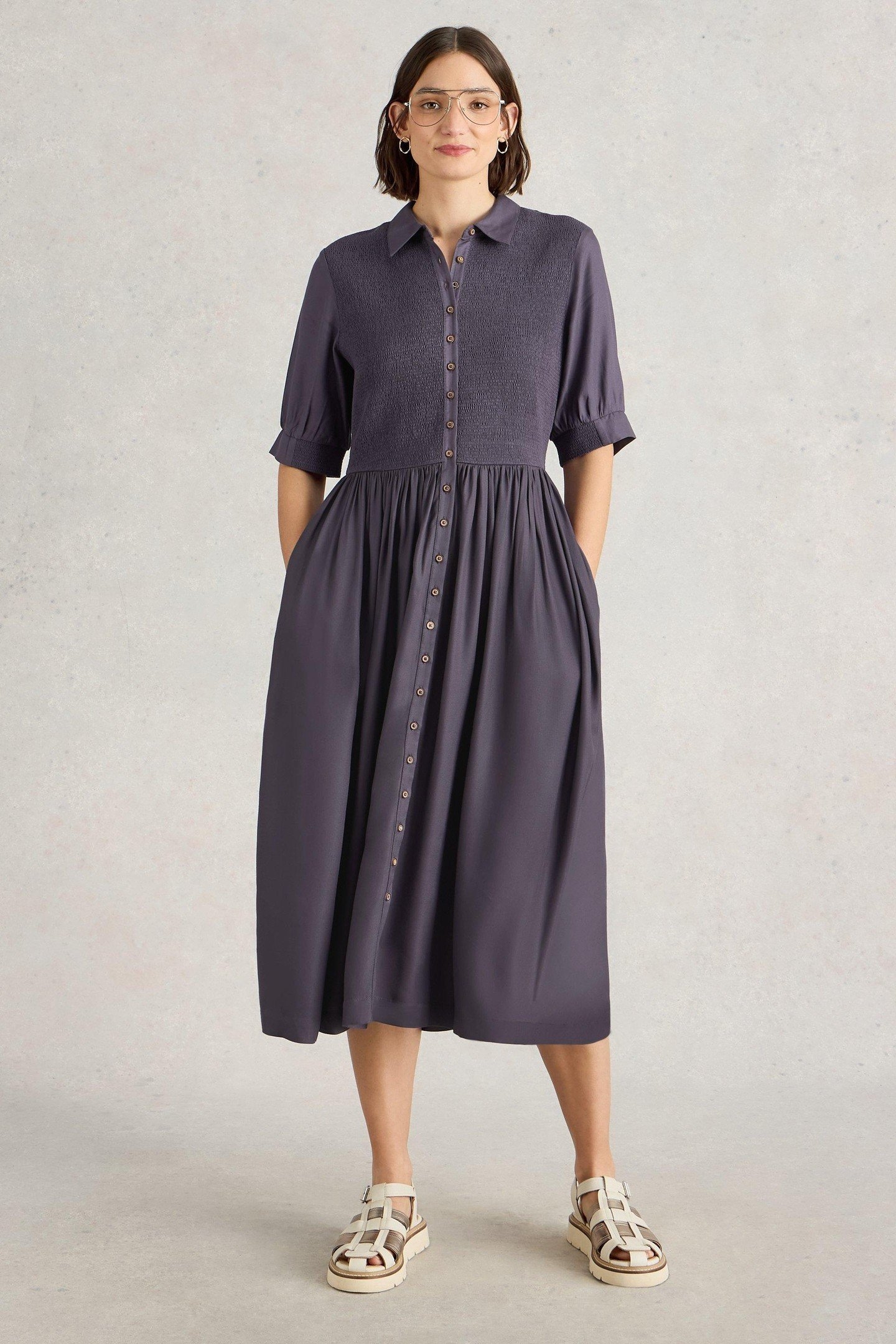 VALERIA SHIRRED DRESS MID PURPLE 1