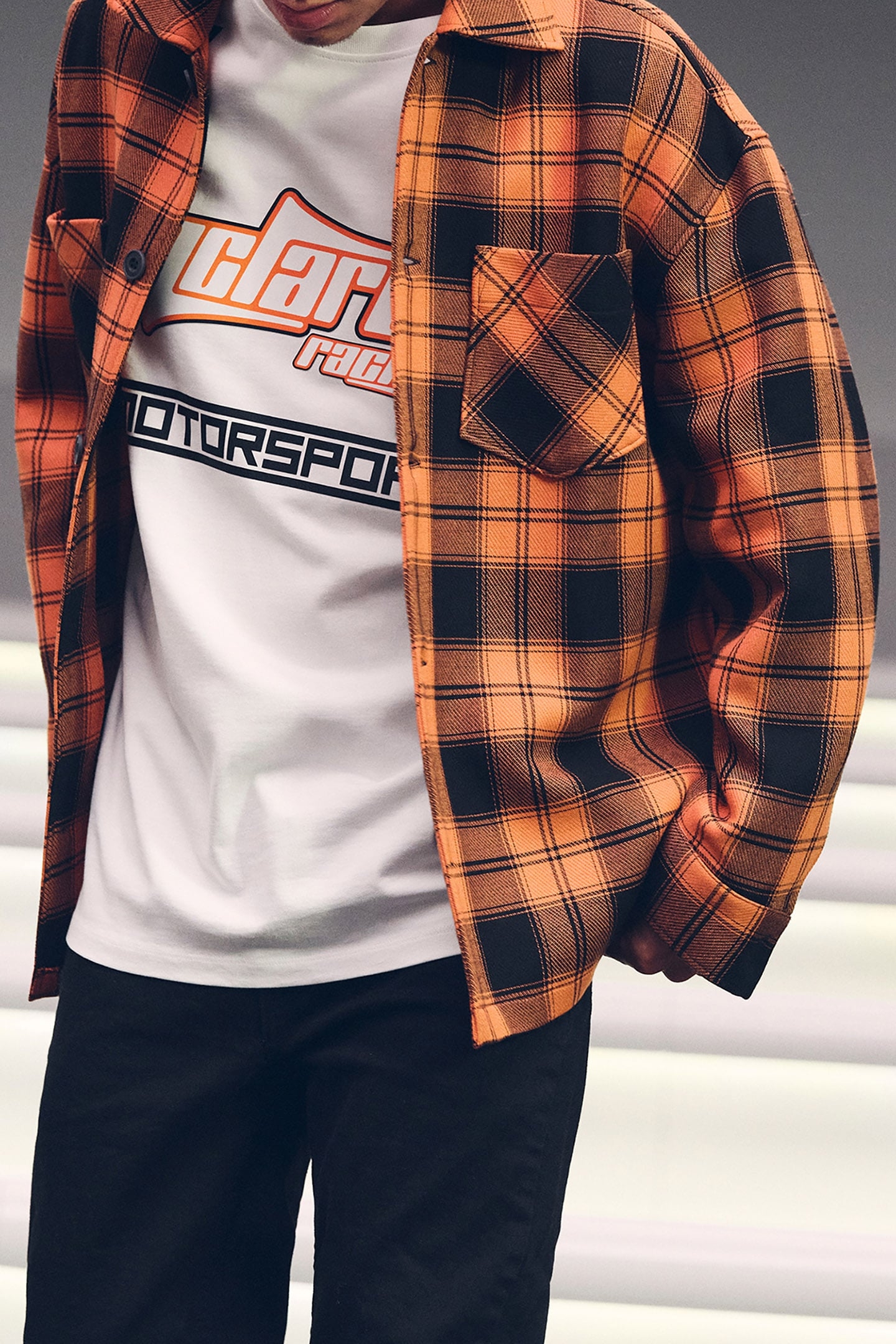 LS EMBROIDERED CHECK TWIN POCKET OVERSHIRT PAPAYA ORANGE/BLA 6
