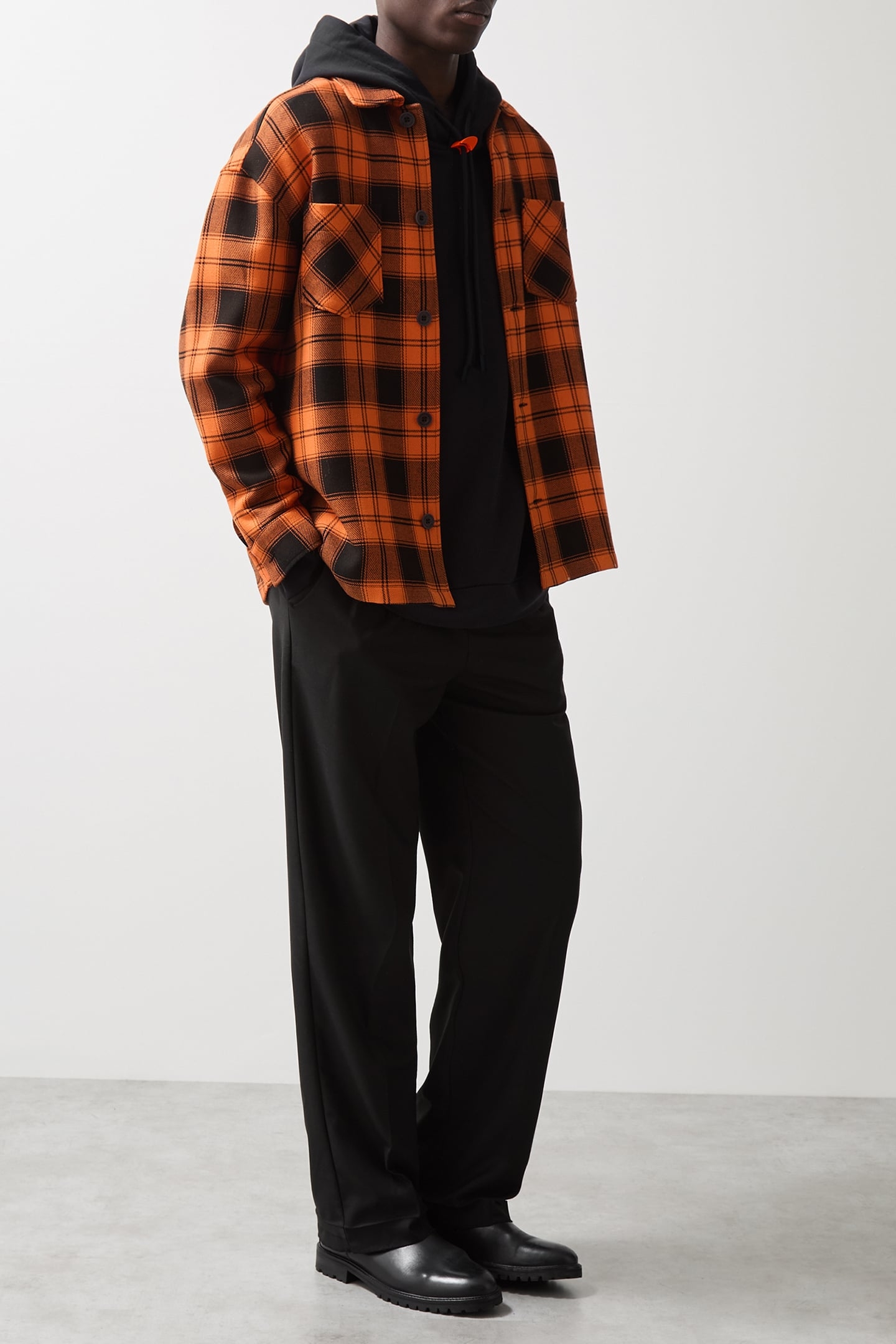 LS EMBROIDERED CHECK TWIN POCKET OVERSHIRT PAPAYA ORANGE/BLA 3