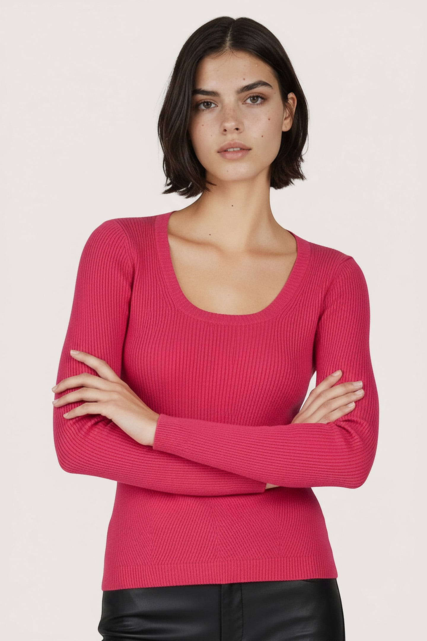 SWEATER DEEP ROUND NECK RIB FUCHSIA 1