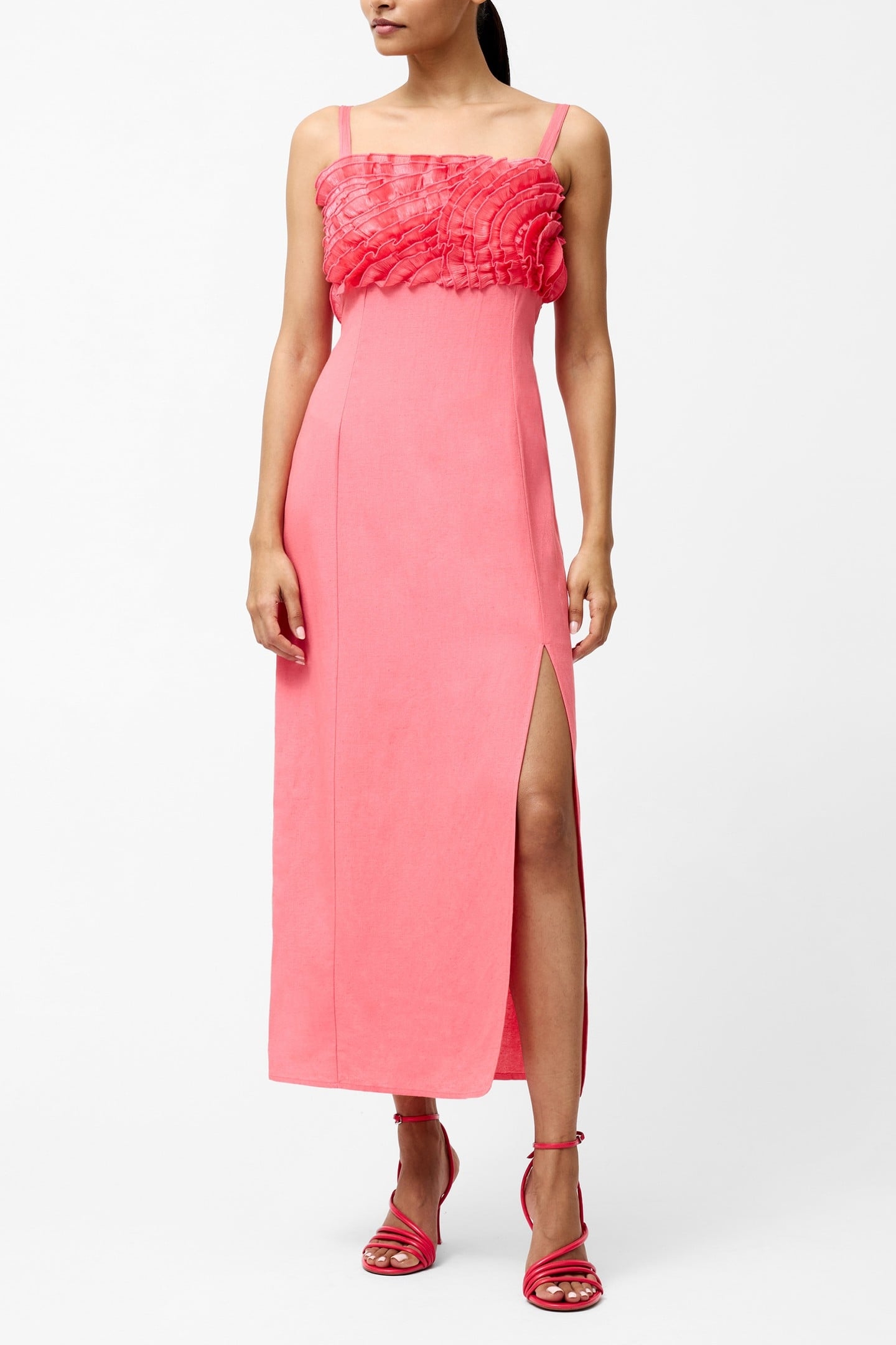 ARIETTE RUFFLED BUST MIDI DRES RASPBERRY PINK 1