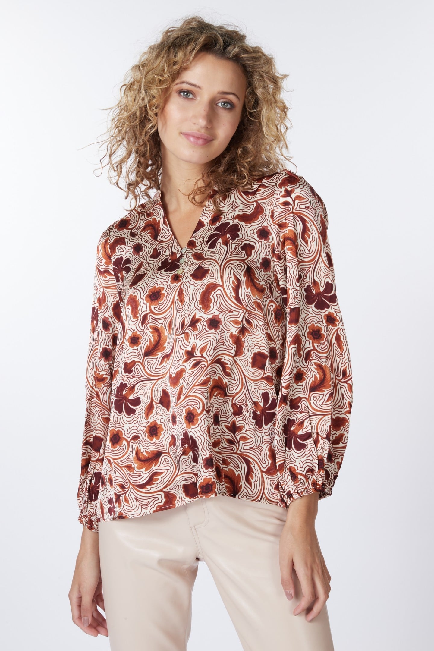 BLOUSE V-NECK AUTUMN FLOWER PRINT PRINT 1