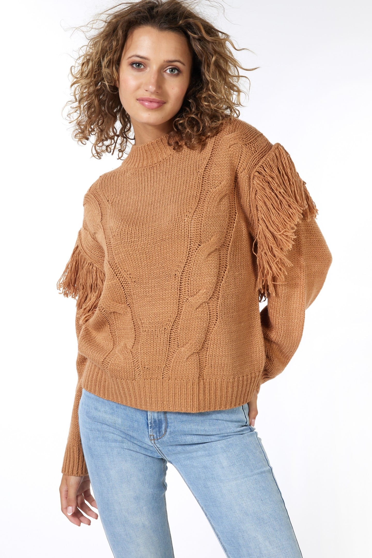 SWEATER CABLE & FRINGES CAMEL 3