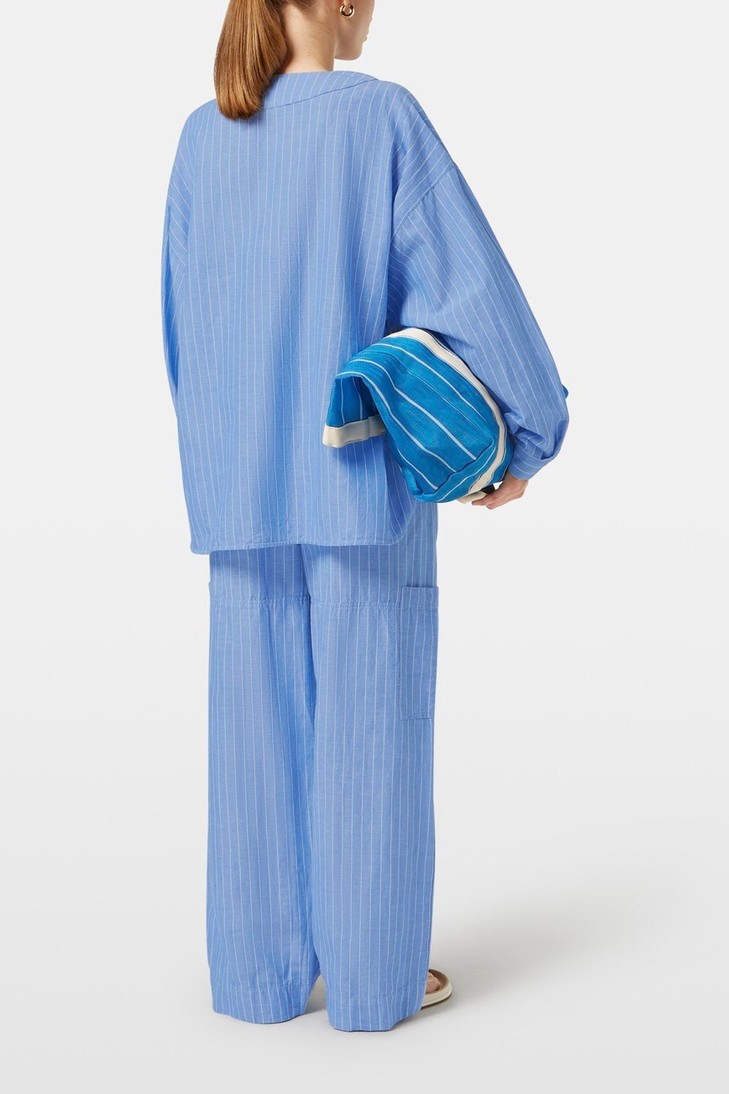 COTTON LINEN BIB SHIRT BLUE AND WHITE PIN STRIPE 3