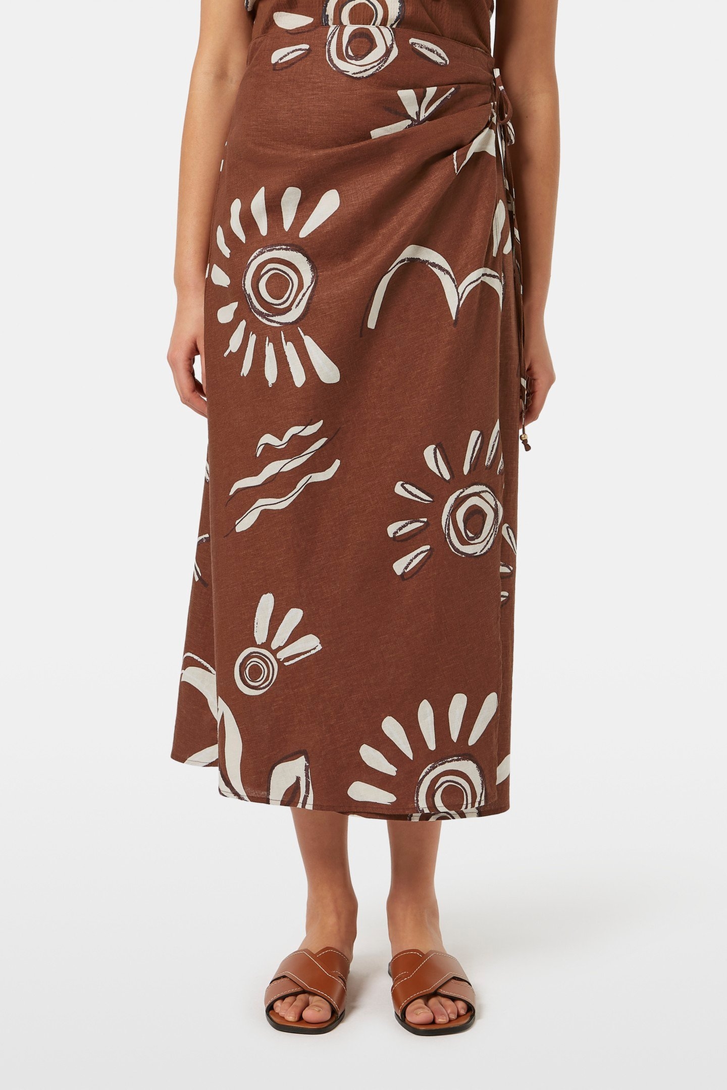 LINEN BLEND PRINTED WRAP SKIRT INKY SUN BROWN 3
