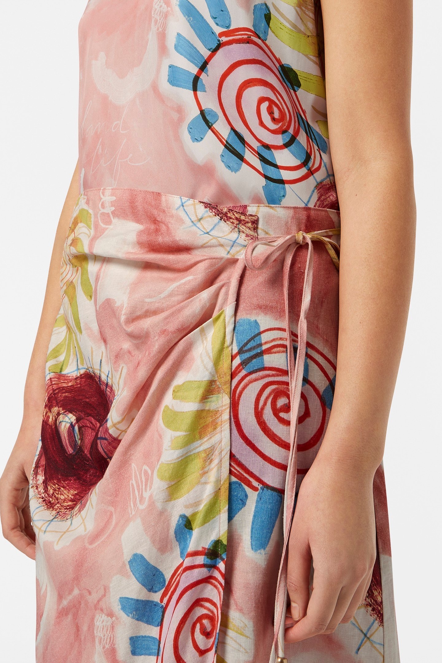 LINEN BLEND PRINTED WRAP SKIRT ABSTRACT SUN PINK 2