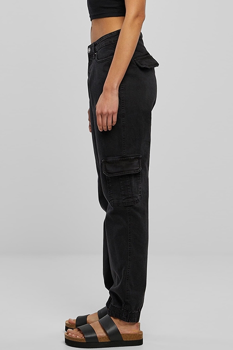LADIES ORGANIC STRETCH DENIM CARGO PANTS BLACK WASHED 5