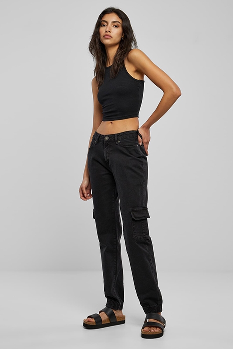 LADIES ORGANIC STRETCH DENIM CARGO PANTS BLACK WASHED 4