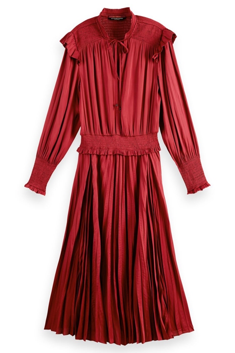 SMOCK STITCH MIDI DRESS IN RECYCLED POLYESTER DEEP RASPBERRY 1