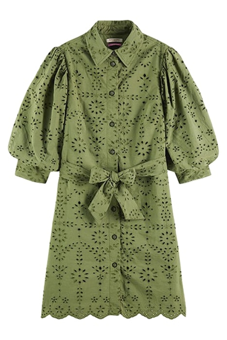 PUFF SLEEVE EMBROIDERED ORGANIC COTTON SHIRT DRESS OLIVE GRE 1