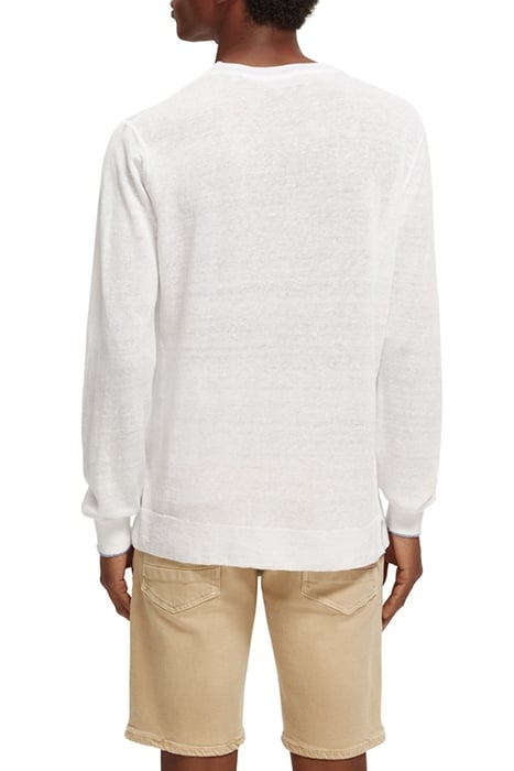 LINEN BLEND CREWNECK PULLOVER WITH FLATLOCK DETAILS WHITE 3