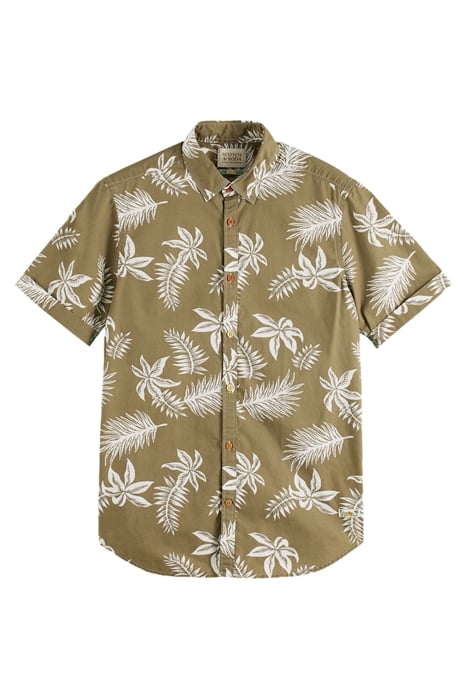 PRINTED & WASHED SHORT SLEEVE POPLIN SHIRT KHAKI LEAF 1