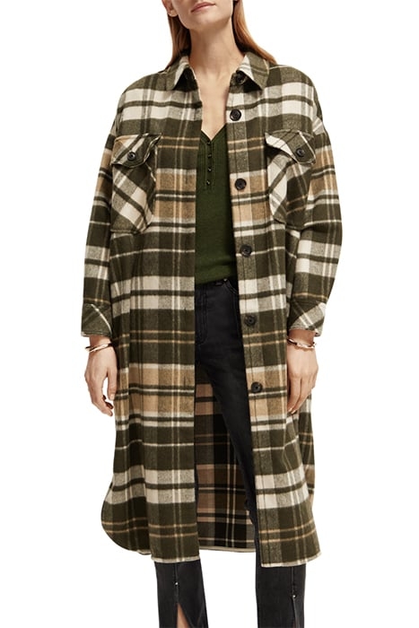 WOOL BLEND CHECKED LONG SHIRT JACKET FIELD GREEN 7