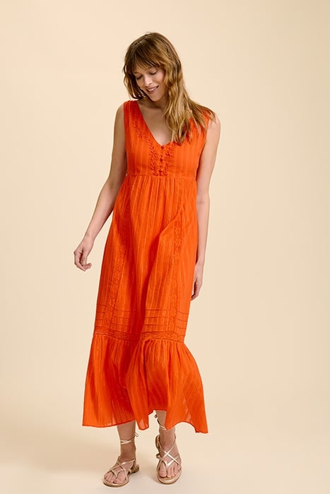 REACH - DARK ORANGE LONG DRESS WITH LUREX STRIPES 1