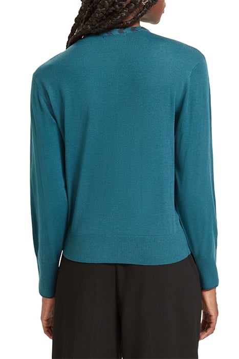 JACQUARD TRIM CREW NECK CARDIGAN DARK TEAL 2