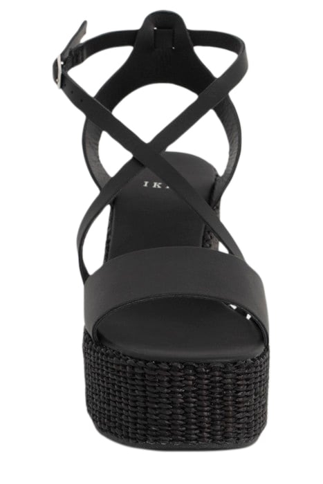 BLACK LEATHER RAFFIA HEEL WEDGE SANDALS 5