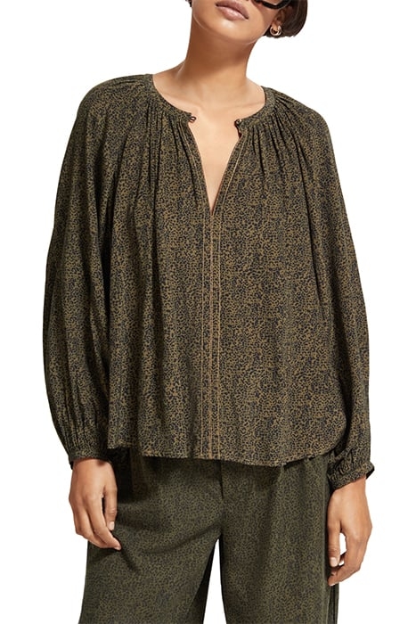 PRINTED BALLOON SLEEVE EMBROIDERED TOP LEOPARD SPOT GREEN 1