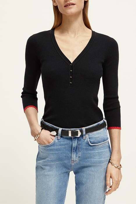 BUTTON DETAIL SKINNY RIB PULLOVER BLACK 1