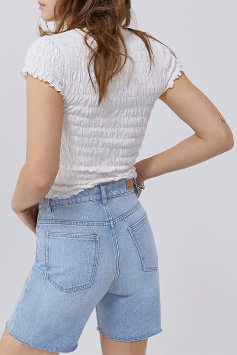 BLUE DENIM RAW-EDGE HIGH-WAIST SHORTS 6