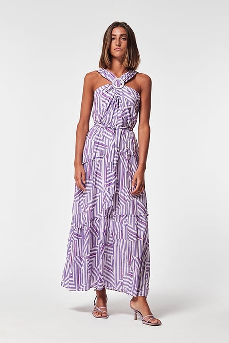 GEOMETRIC DRAW VOILE NIMES DRESS WHITE-PURPLE-8 1