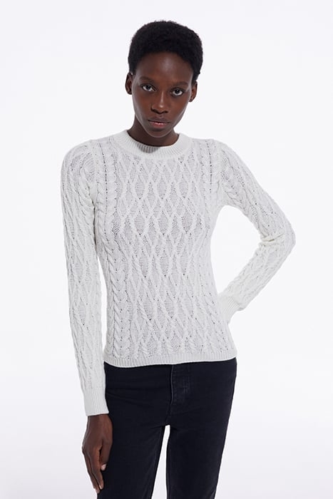 ROUND-NECK CABLE WOOL SWEATER WHITE 1