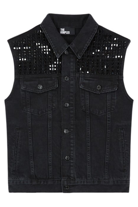 SLEEVELESS DENIM JACKET WITH BLACK RHINESTONES BLACK WASHED 1