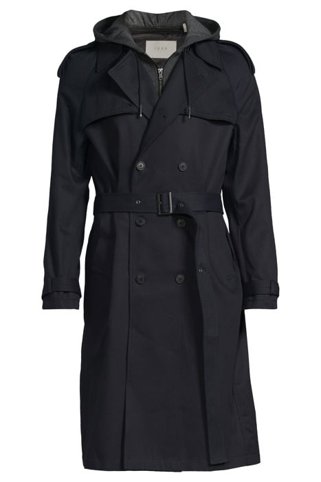DARK NAVY LONG TRENCH COAT WITH GREY HOOD FACING NAVY 3
