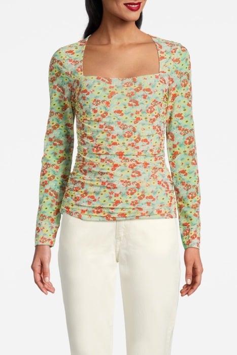 PRINTED MESH RUCHED LONG SLEEVE BLOUSE MEADOW CELADON GREEN 1