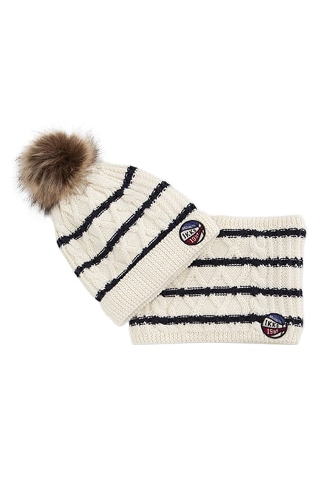 BABY BOYS’ ECRU STRIPED KNIT BEANIE & SNOOD, BALL BADGE OFF- 3