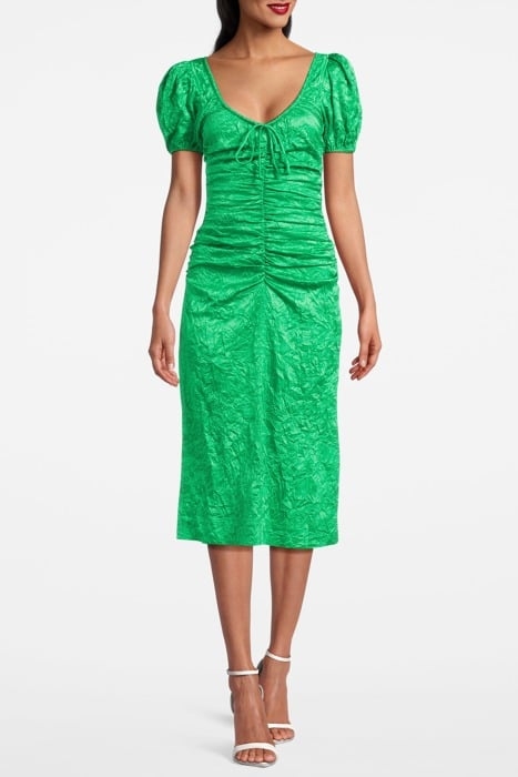 CRINKLED SATIN GATHERED U-NECK MIDI DRESS BRIGHT GREEN 1