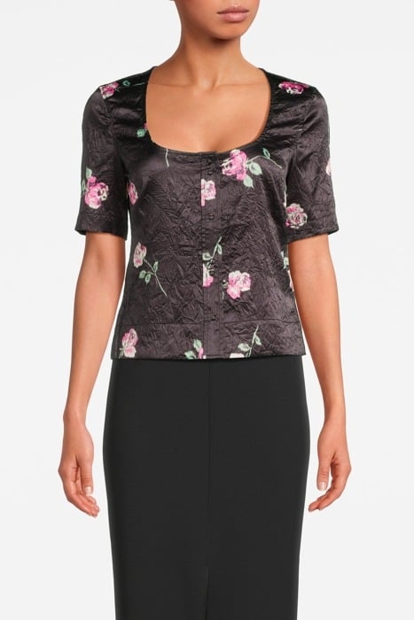 CRINKLED SATIN U-NECK BLOUSE BLACK 1