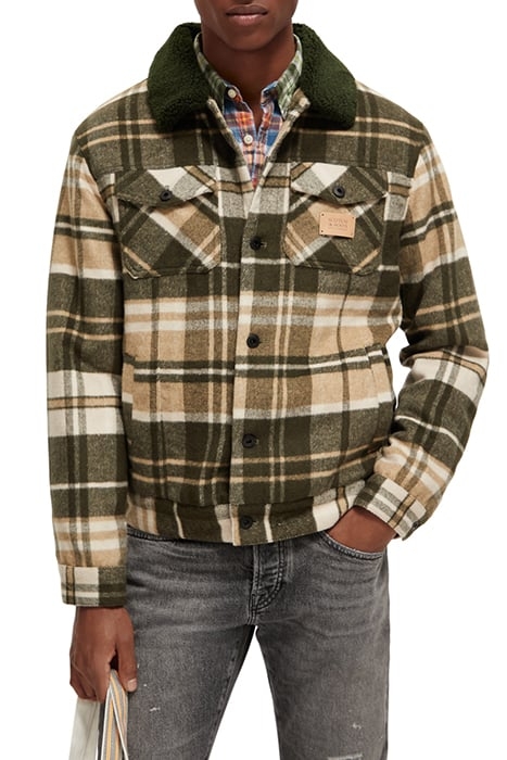 TEDDY-TRIMMED CHECKED TRUCKER JACKET FIELD GREEN CHECK 1