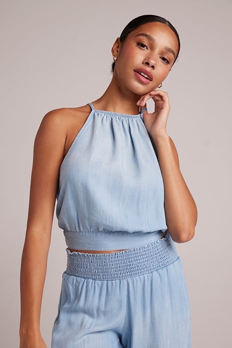 SIDE TIE BUTTON HALTER CARIBBEAN WASH 1