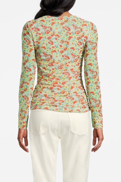 PRINTED MESH RUCHED LONG SLEEVE BLOUSE MEADOW CELADON GREEN 2