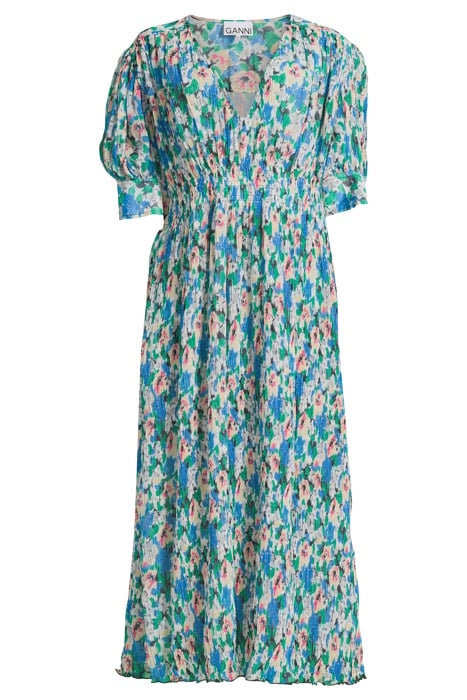 PLEATED GEORGETTE V-NECK SMOCK MIDI DRESS FLORAL AZURE BLUE 3