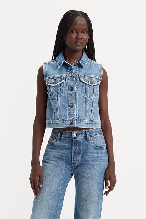 XS SLEEVELESS DENIM JACKET IN BLUE 1