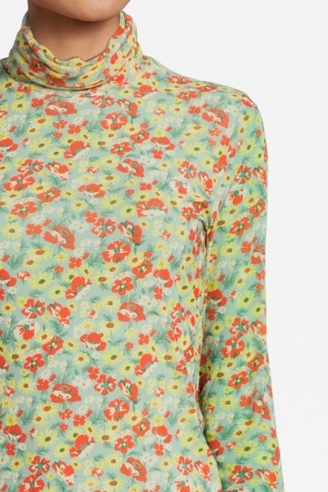 PRINTED MESH LONG SLEEVE FITTED ROLLNECK MEADOW CELADON GREE 4