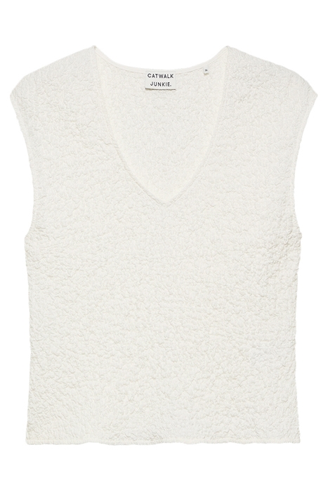 SMOCKED SLIM STRETCH V NECK TOP OFF WHITE 1
