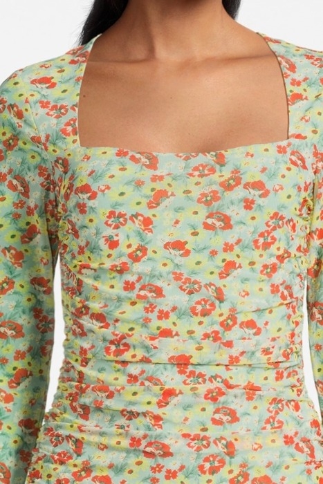 PRINTED MESH RUCHED LONG SLEEVE BLOUSE MEADOW CELADON GREEN 4