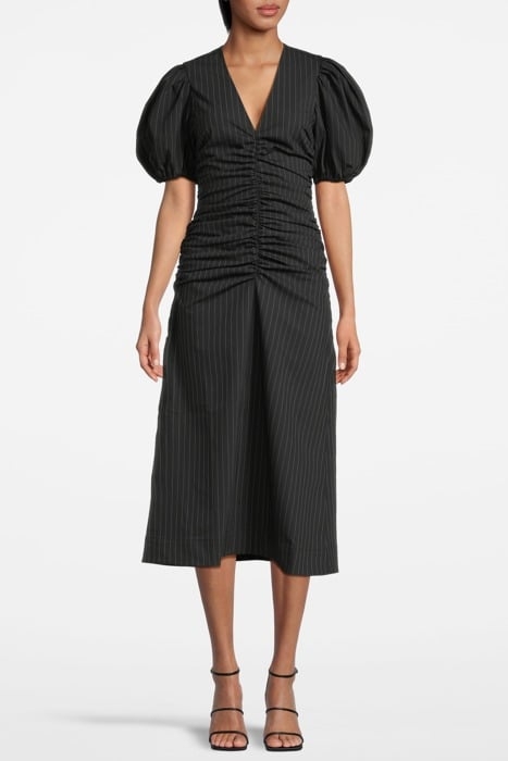 STRETCH STRIPE GATHERED LONG DRESS BLACK 1