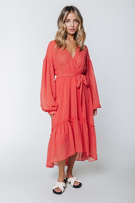 EMBLA SMALL GEO BALLOON SLEEVE MIDI DRESS BRIGHT ORANGE 1