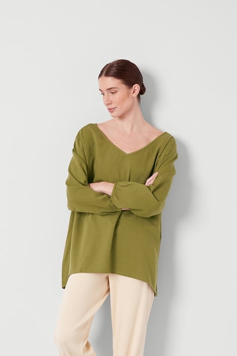 V COLLAR LONGSLEEVES TRAPEZE MID-LENGTH TOP WASABI 5