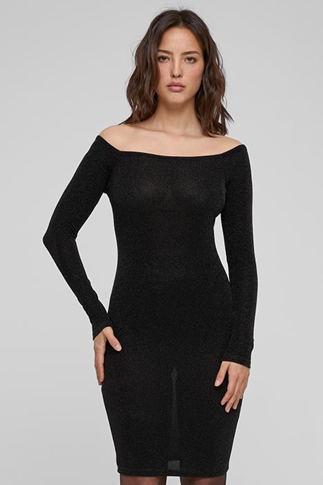 LADIES OFF SHOULDER LONGSLEEVE GLITTER DRESS BLACK 1