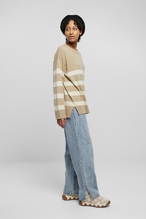 LADIES STRIPED KNIT CREW SWEATER WETSAND/SAND 5