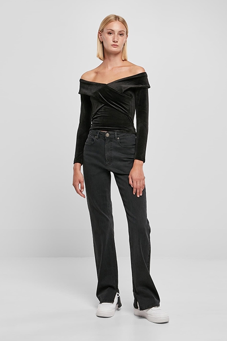 LADIES VELVET RIB CROSSED OFF SHOULDER LONGSLEEVE BLACK 3