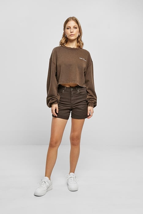LADIES CROPPED SMALL EMBROIDERY TERRY CREWNECK BROWN 3